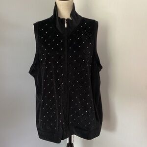 VTG QUACKER FACTORY WOMAN XL BLACK VELOUR ZIP FRONT VEST SILVER STUDS POCKETS